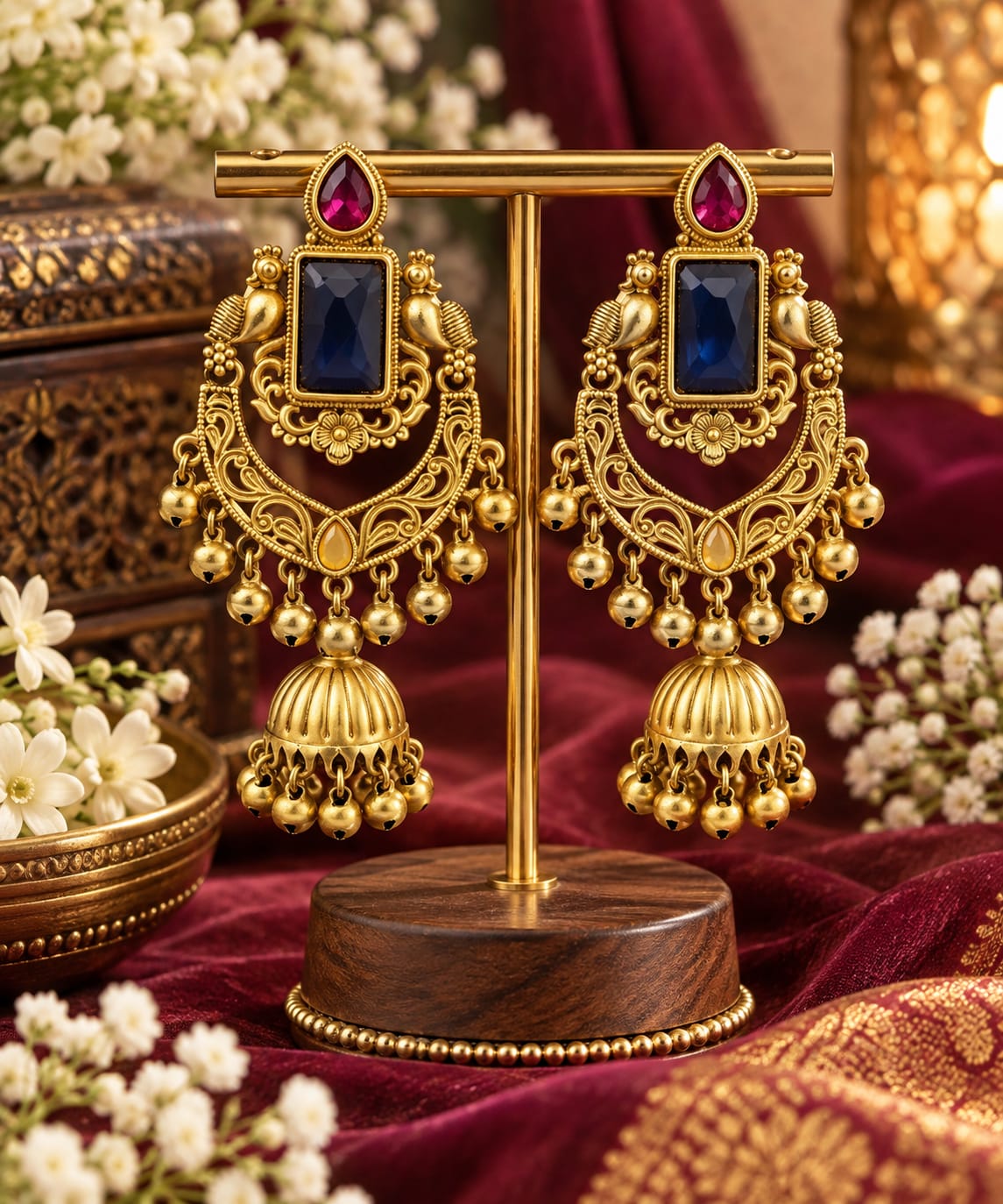 Blue and ruby rectangular Kashmiri jhumka earrings