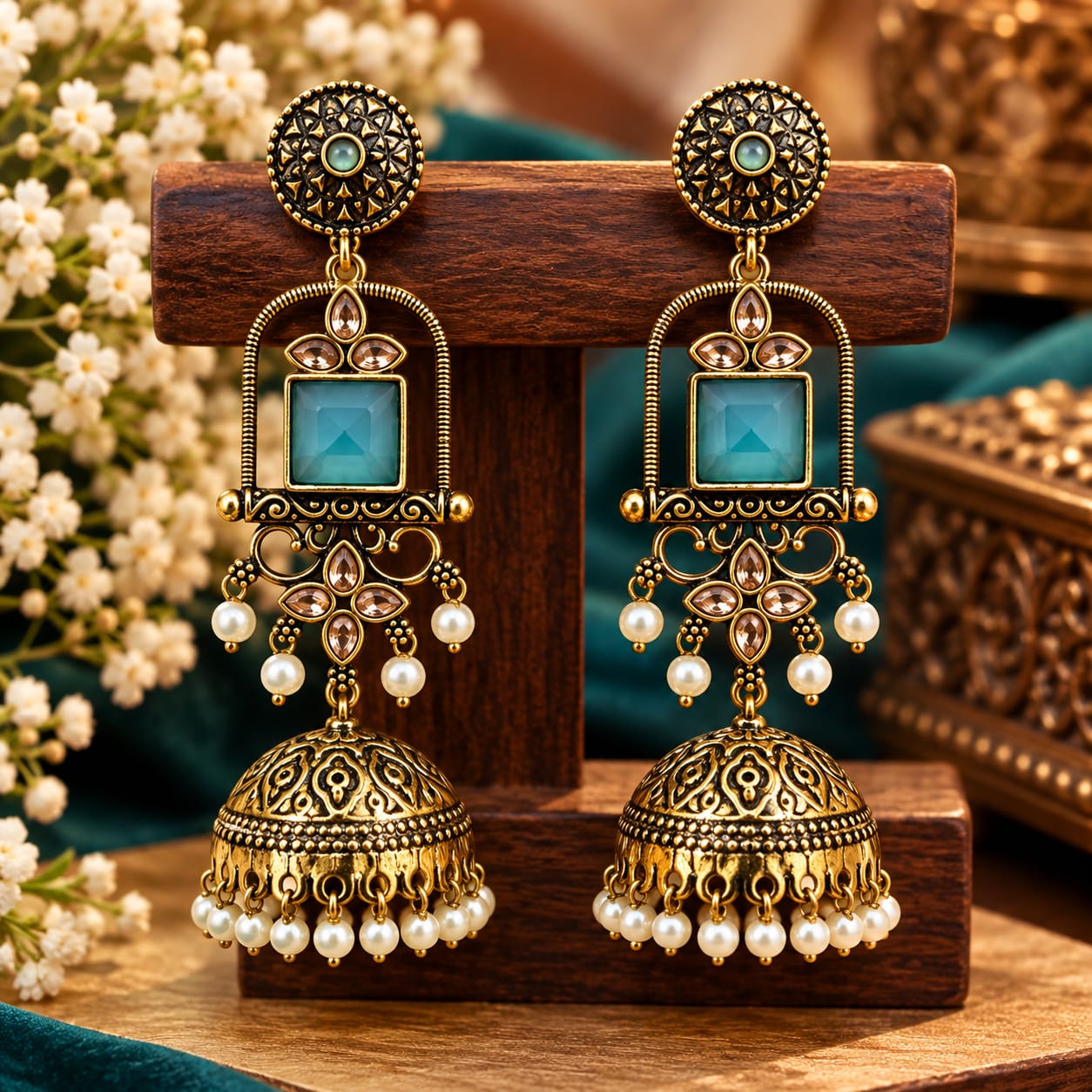 Green square-stone pearl-fringe jhumka earrings