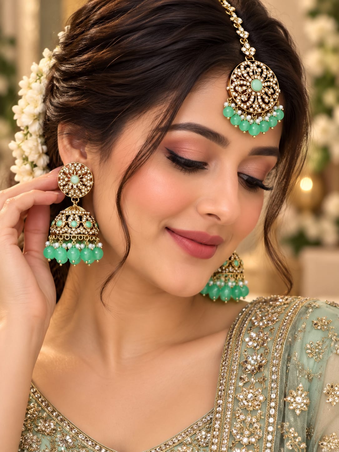 Aqua mint floral jhumka and maang tikka set