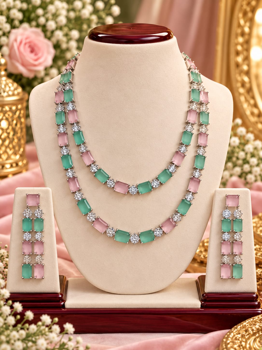 Mint and blush square crystal neckline set