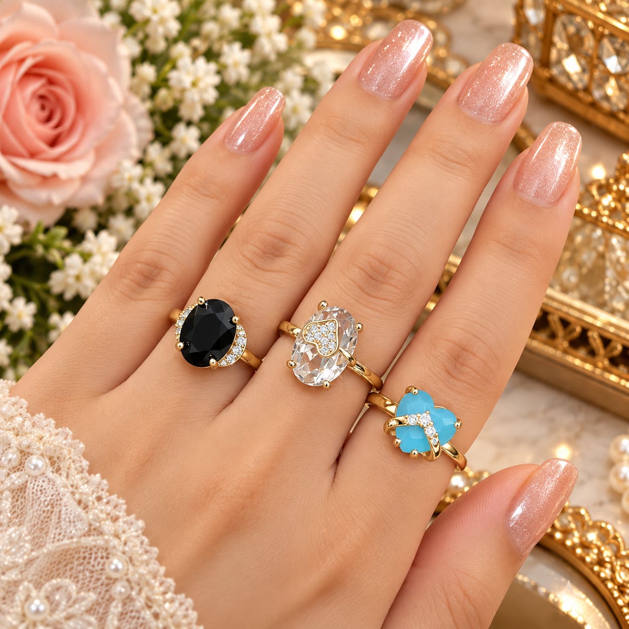 Black oval, clear cluster and aqua adjustable ring combo