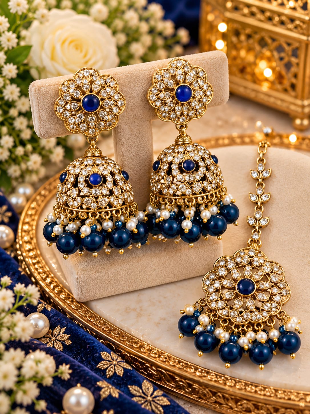 Royal blue floral jhumka and maang tikka set