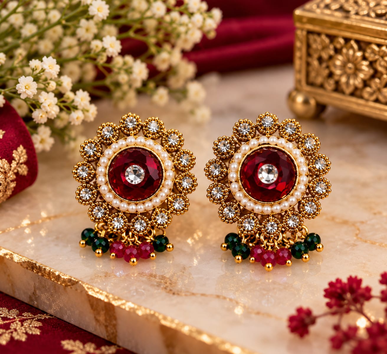 Ruby round pearl drop studs