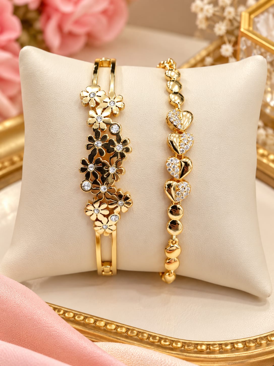 Floral cuff and heart bracelet combo