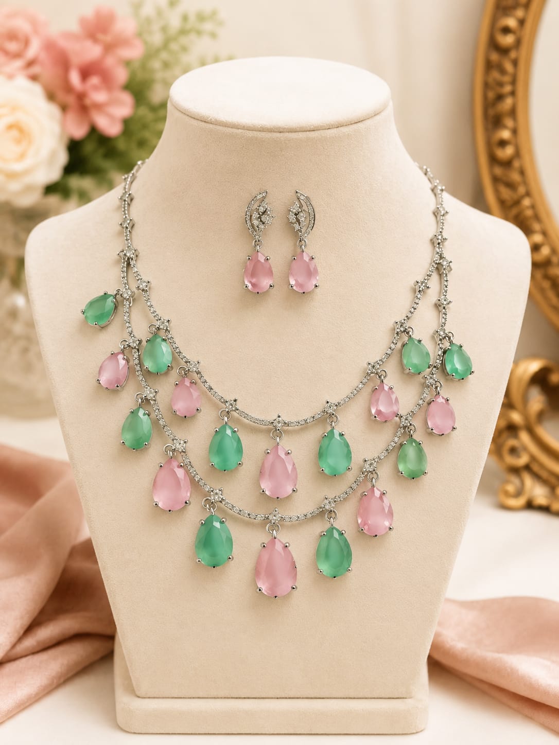 Pastel pink and mint double-row teardrop necklace set