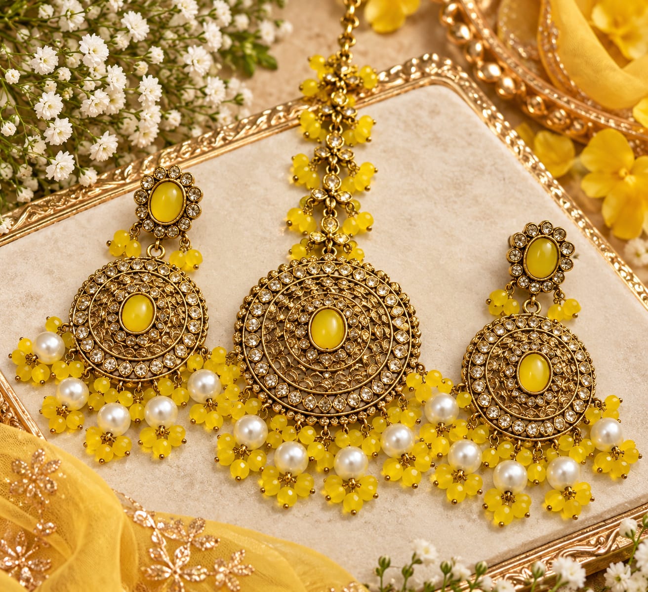 Yellow circular earrings and maang tikka set