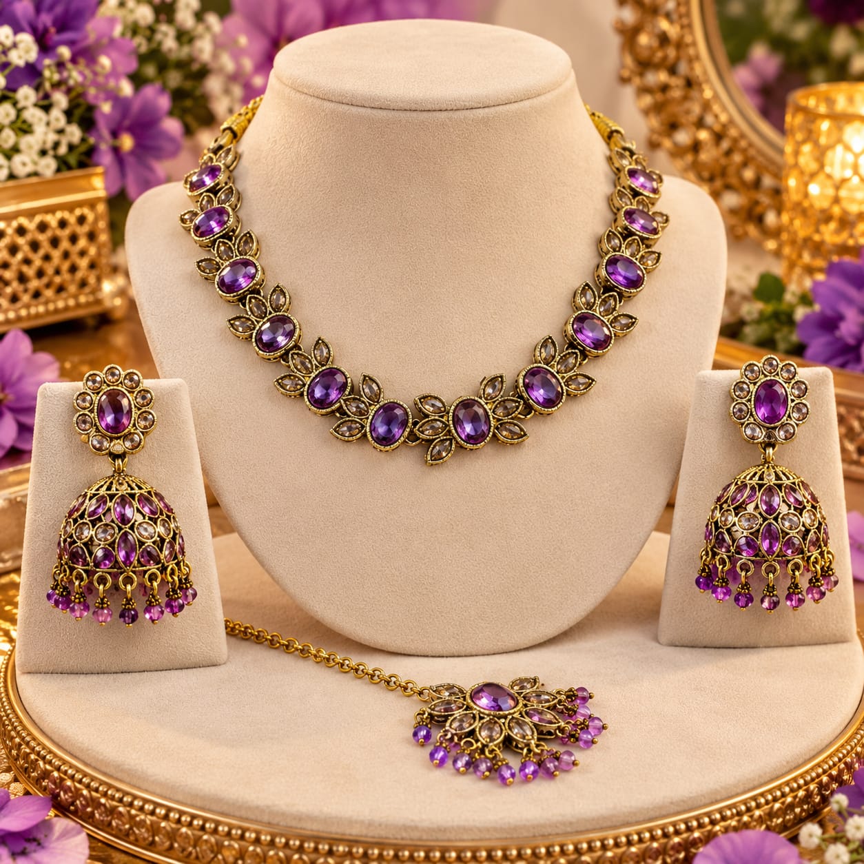 Purple stone necklace, jhumki and tikka set
