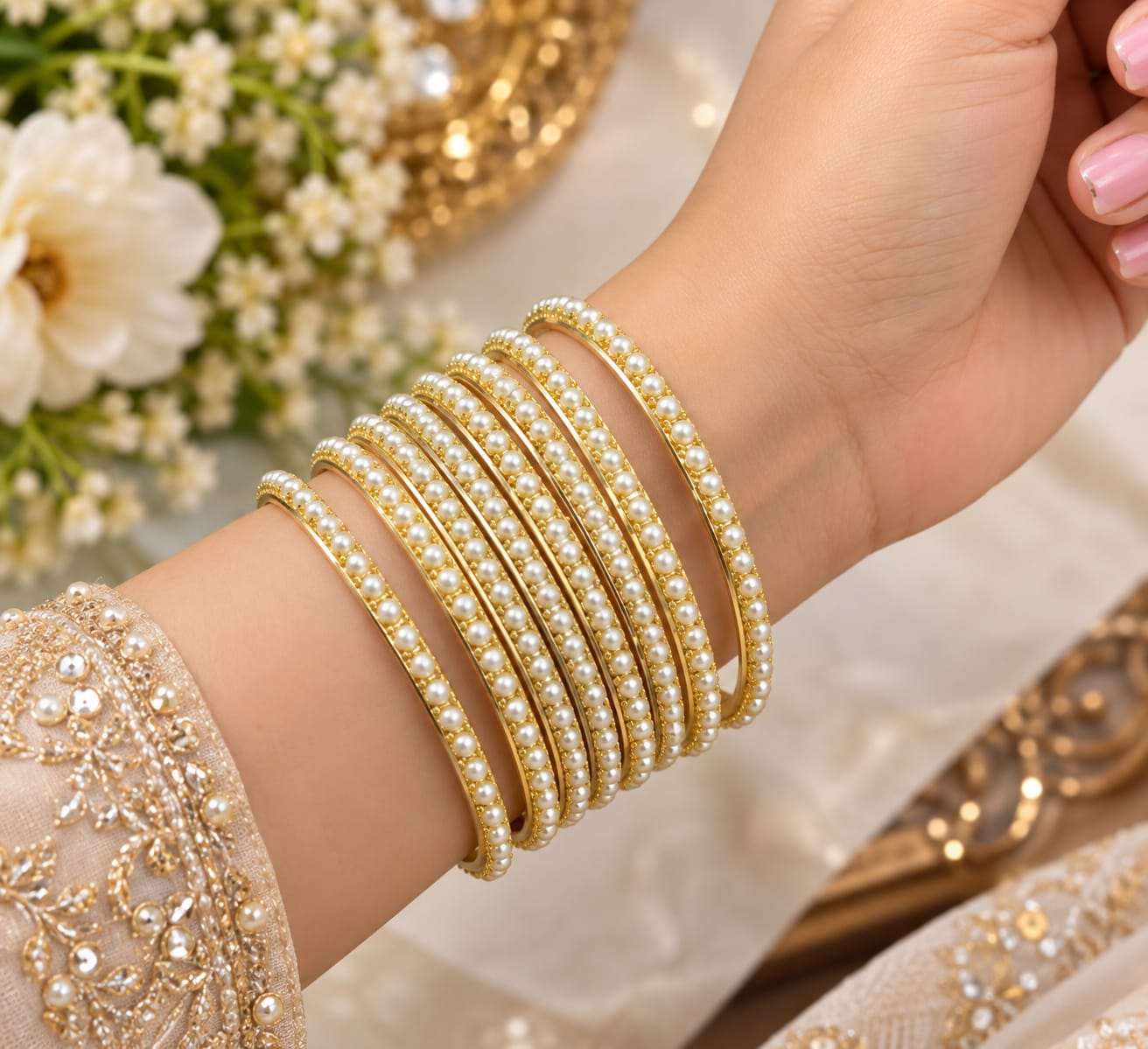 Pearl and crystal bangle set