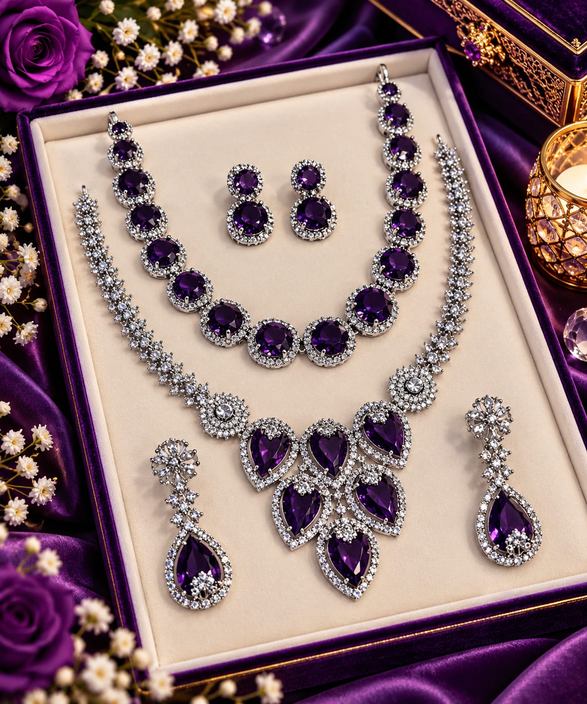 Purple oval and teardrop necklace combo