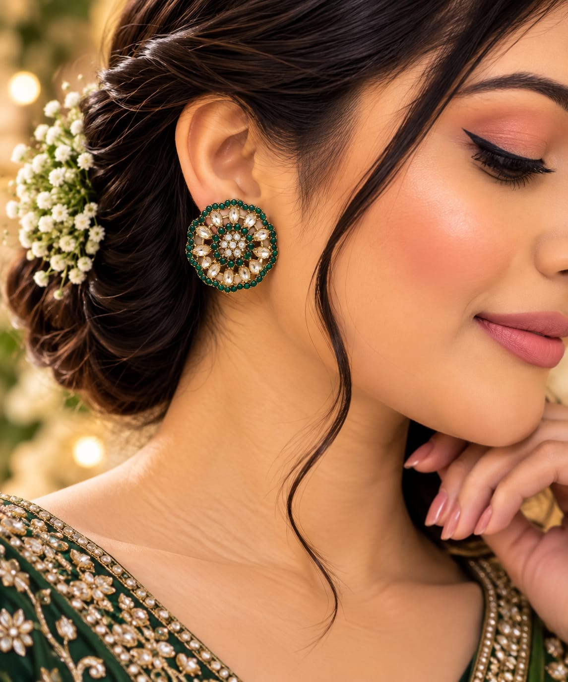 Emerald green floral rosette stud earrings