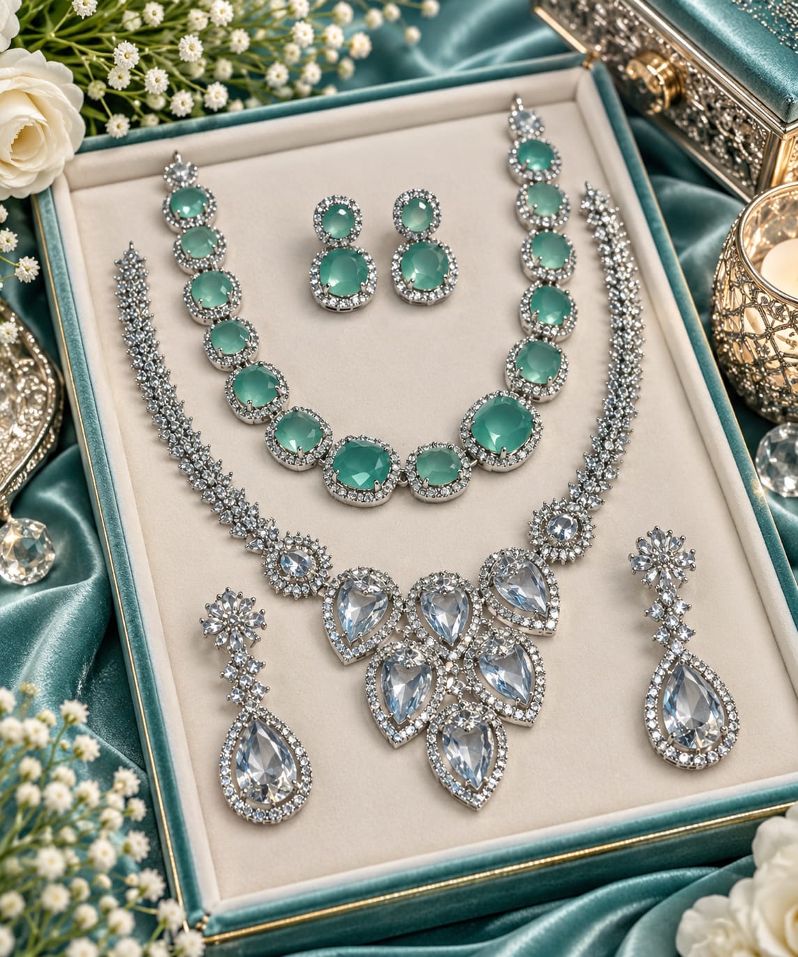Aqua and clear oval and teardrop necklace combo