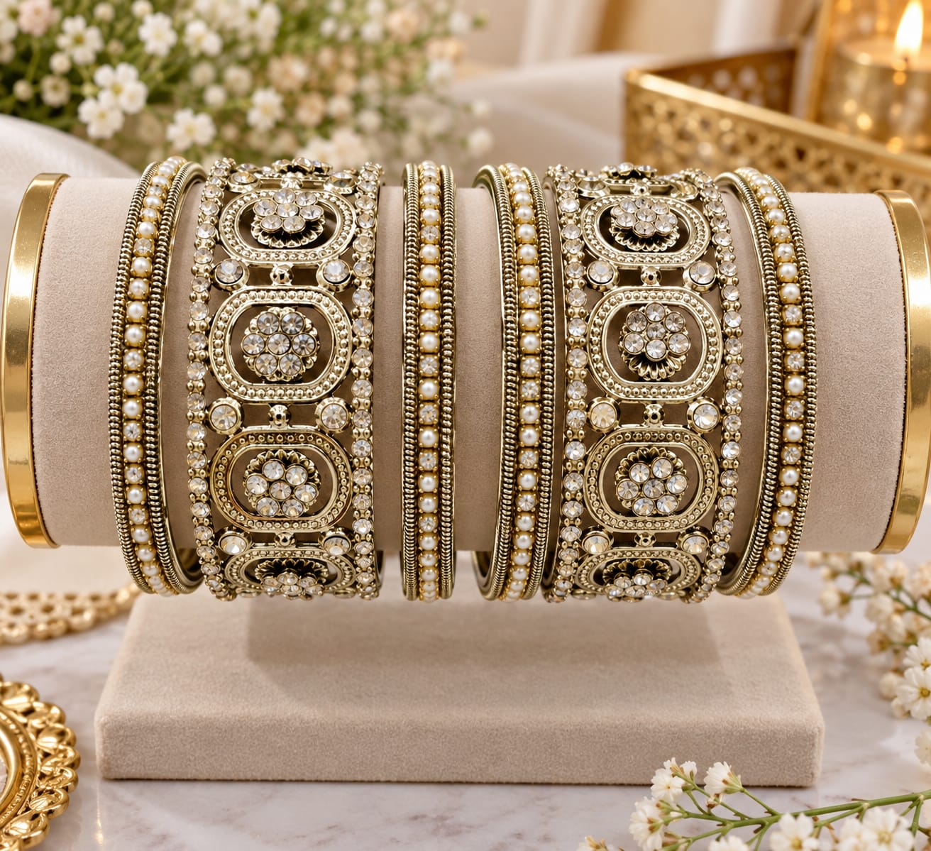Clear round-medallion layered bangle set