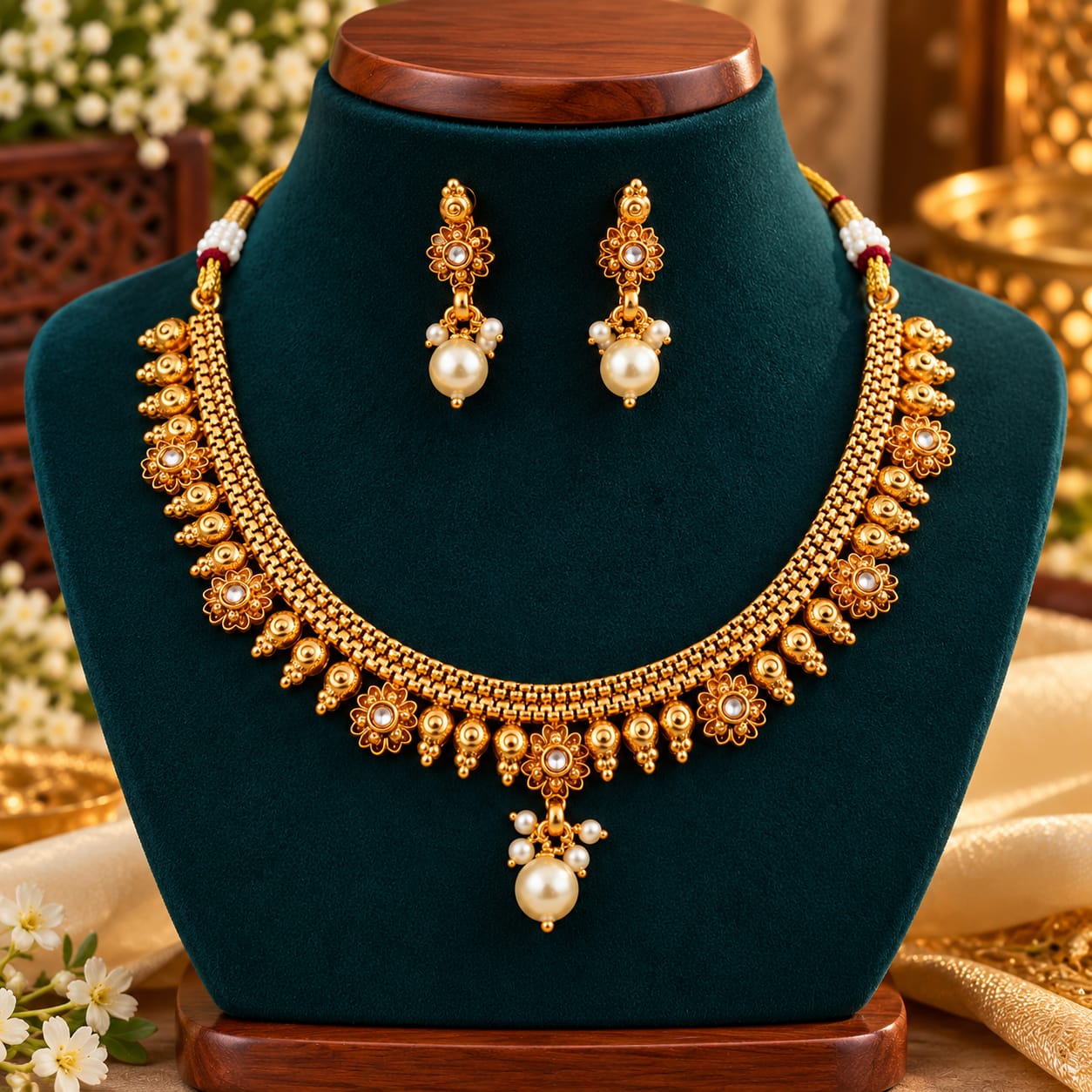 Bead-fringe floral necklace and earrings set