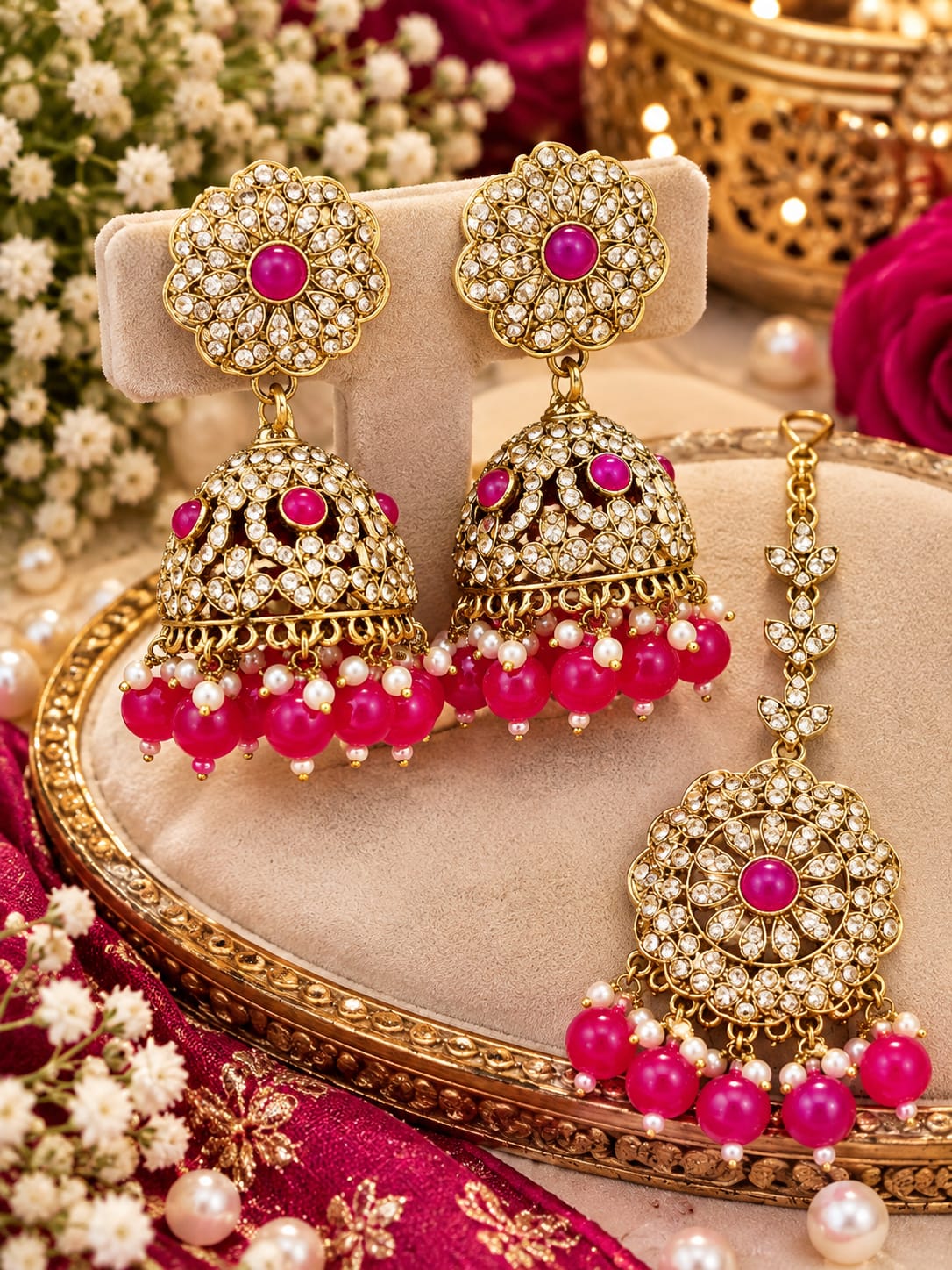Ruby floral jhumka and maang tikka set