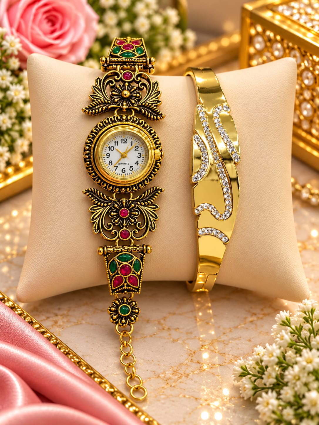 Antique gold watch and Openwork bracelet combo