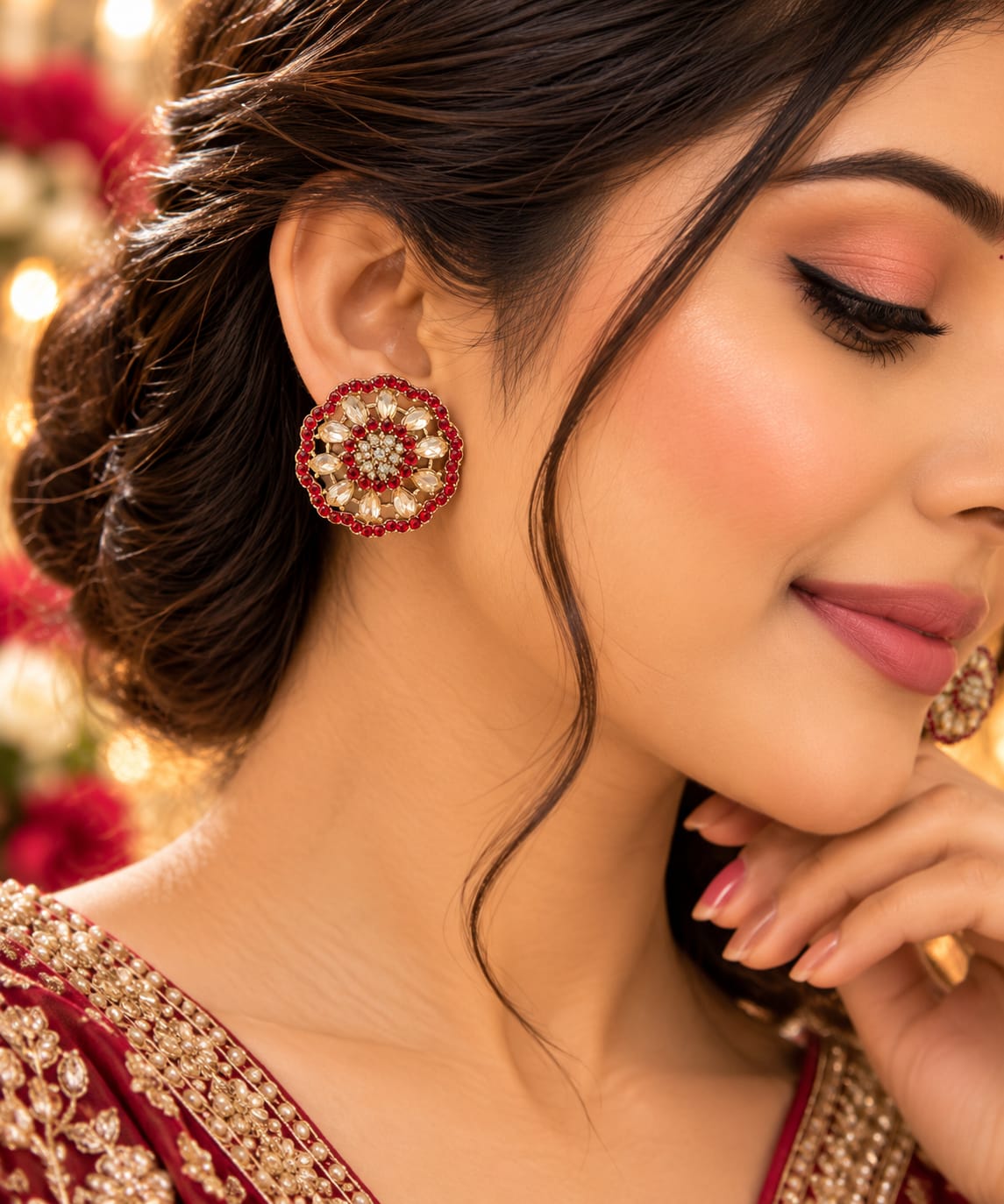 Maroon floral rosette stud earrings