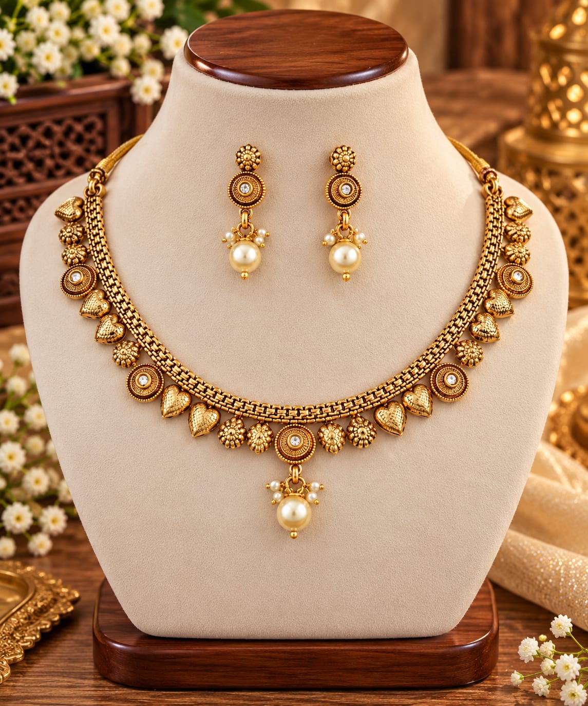Floral medallion necklace and earrings set