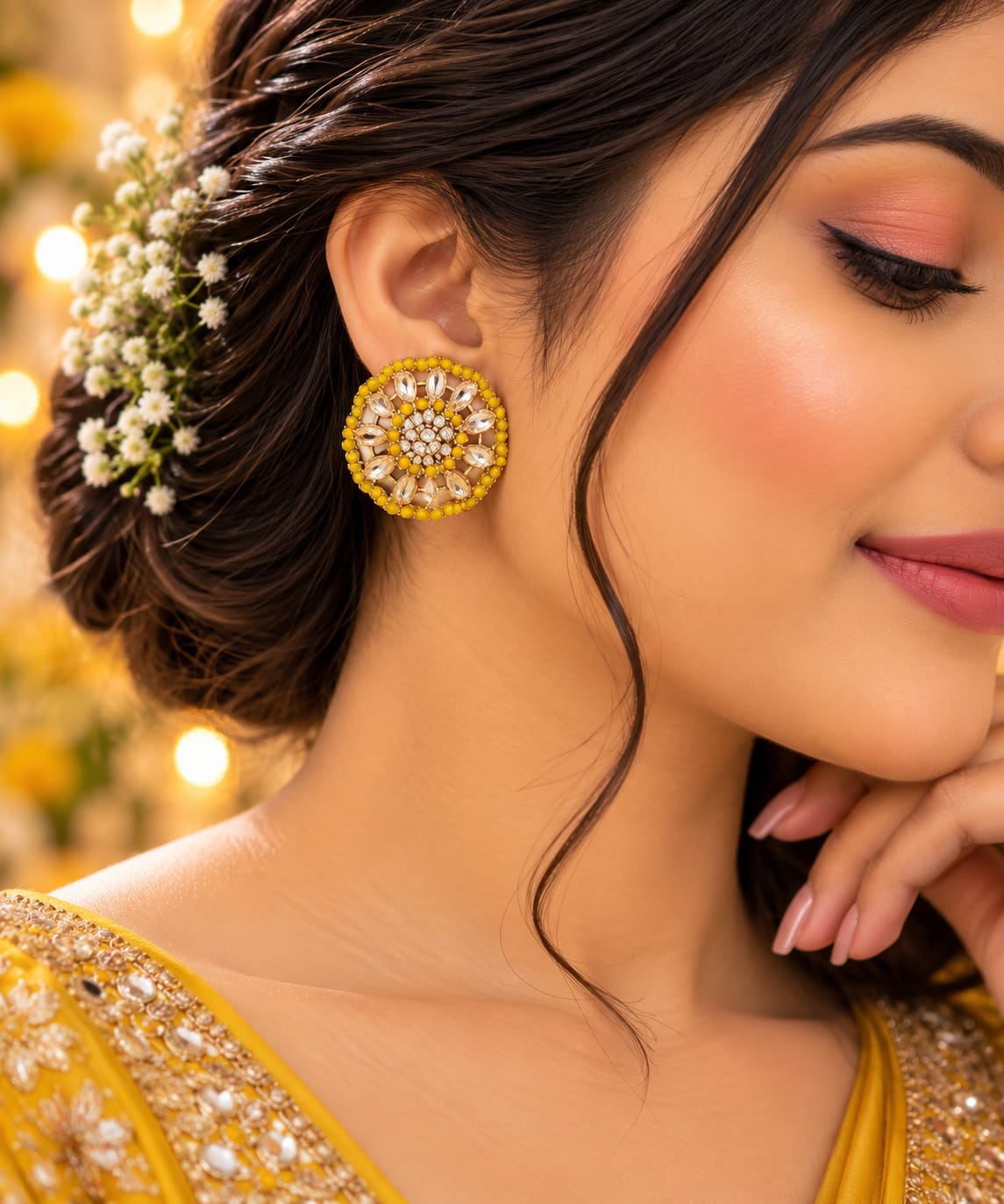 Yellow floral rosette stud earrings