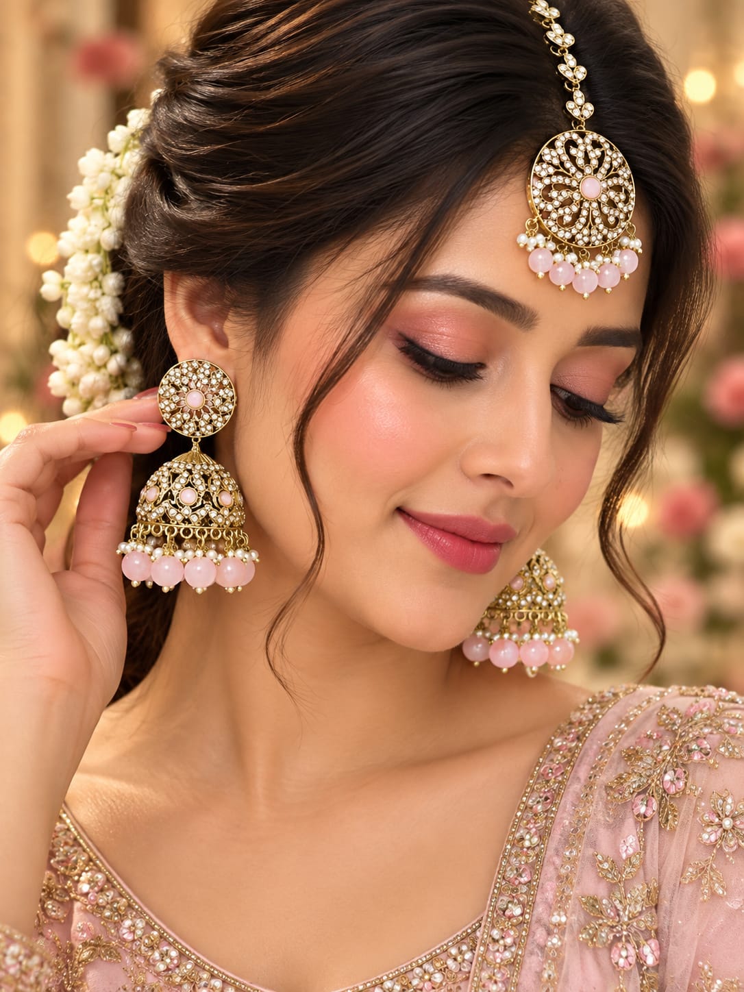 Blush pink floral jhumka and maang tikka set