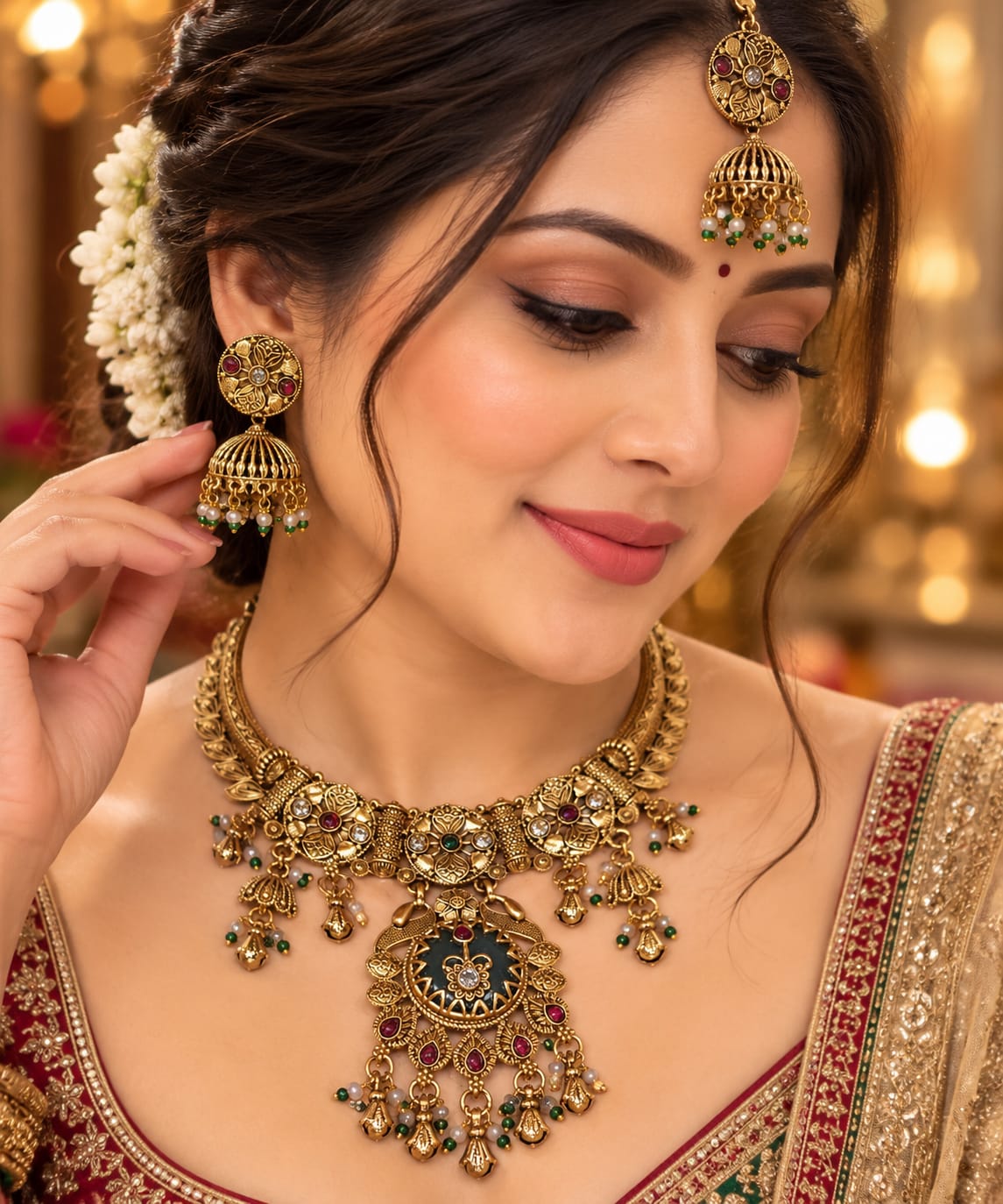Antique blush choker, earrings and tikka set