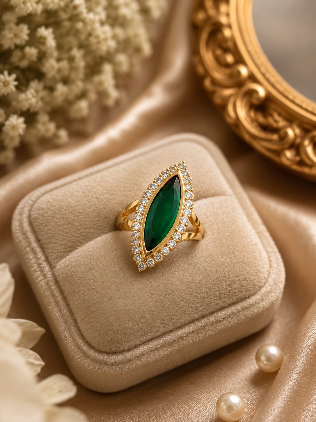 Green marquise halo ring