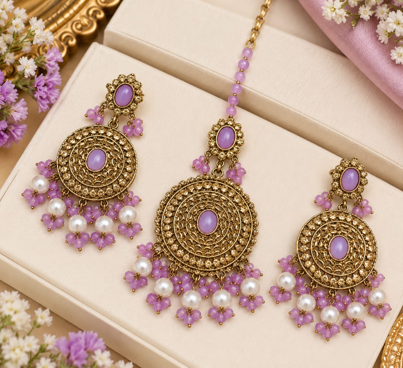 Lilac circular earrings and maang tikka set
