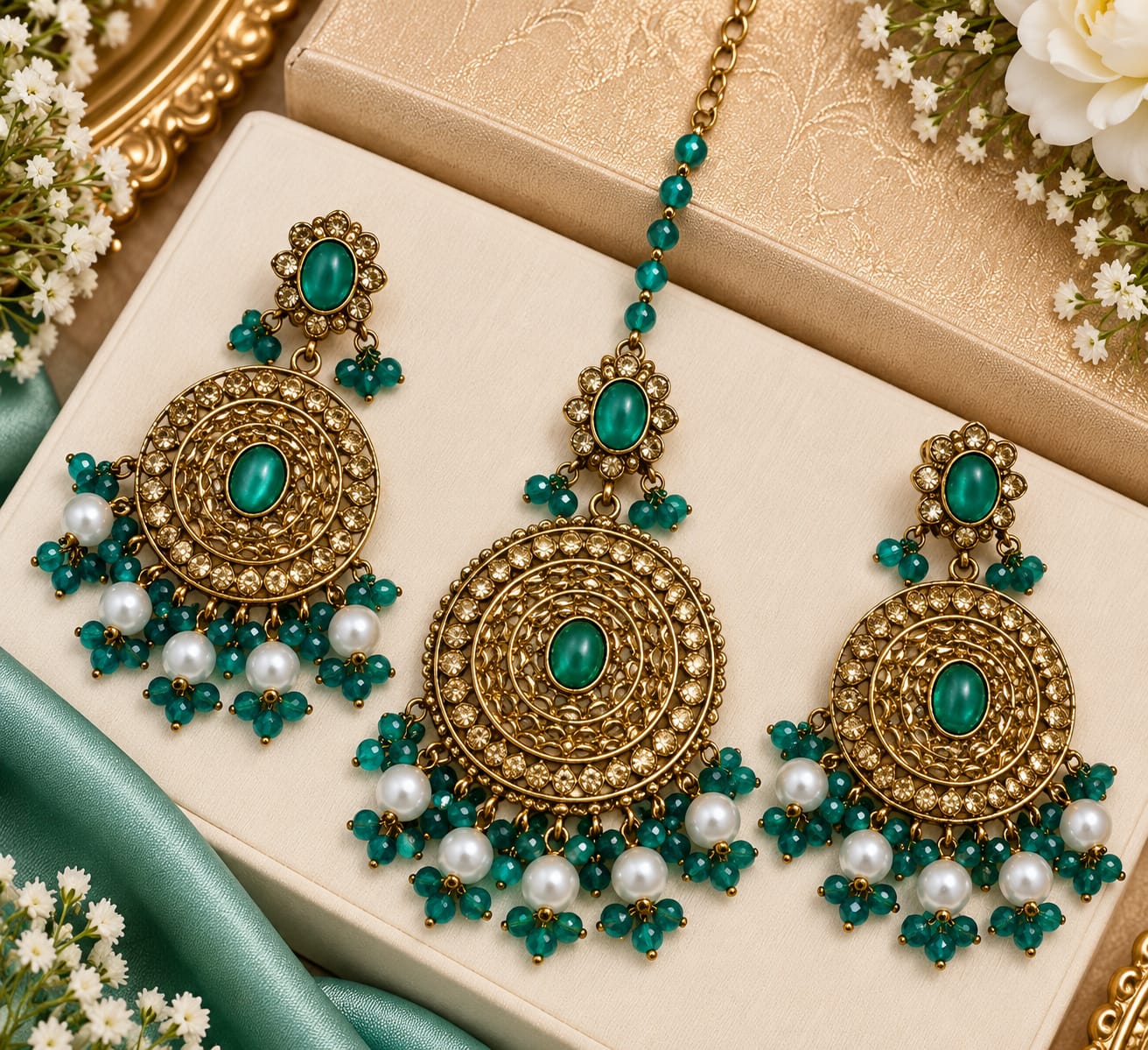 Teal circular earrings and maang tikka set