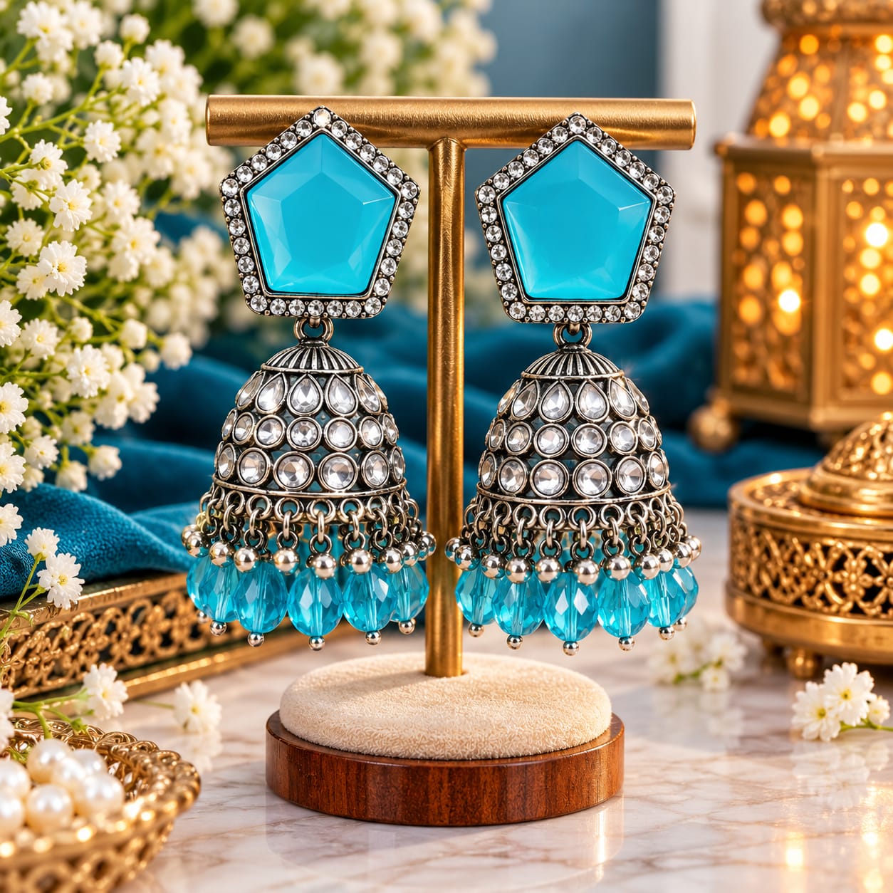 Turquoise pentagon-top silver-tone jhumkas