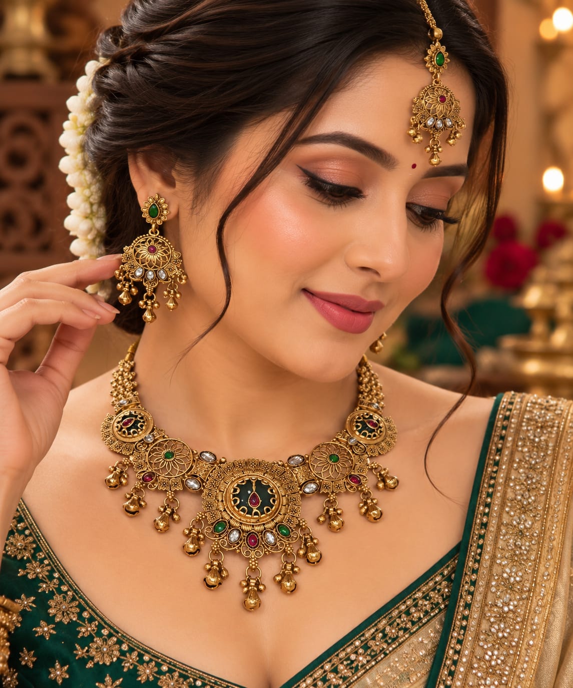 Antique emerald choker, earrings and tikka set