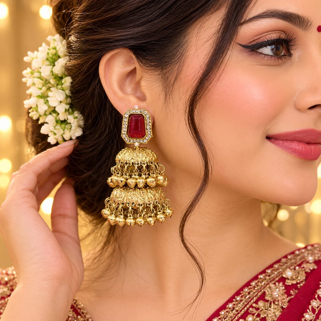 Ruby tiered Kashmiri jhumkas