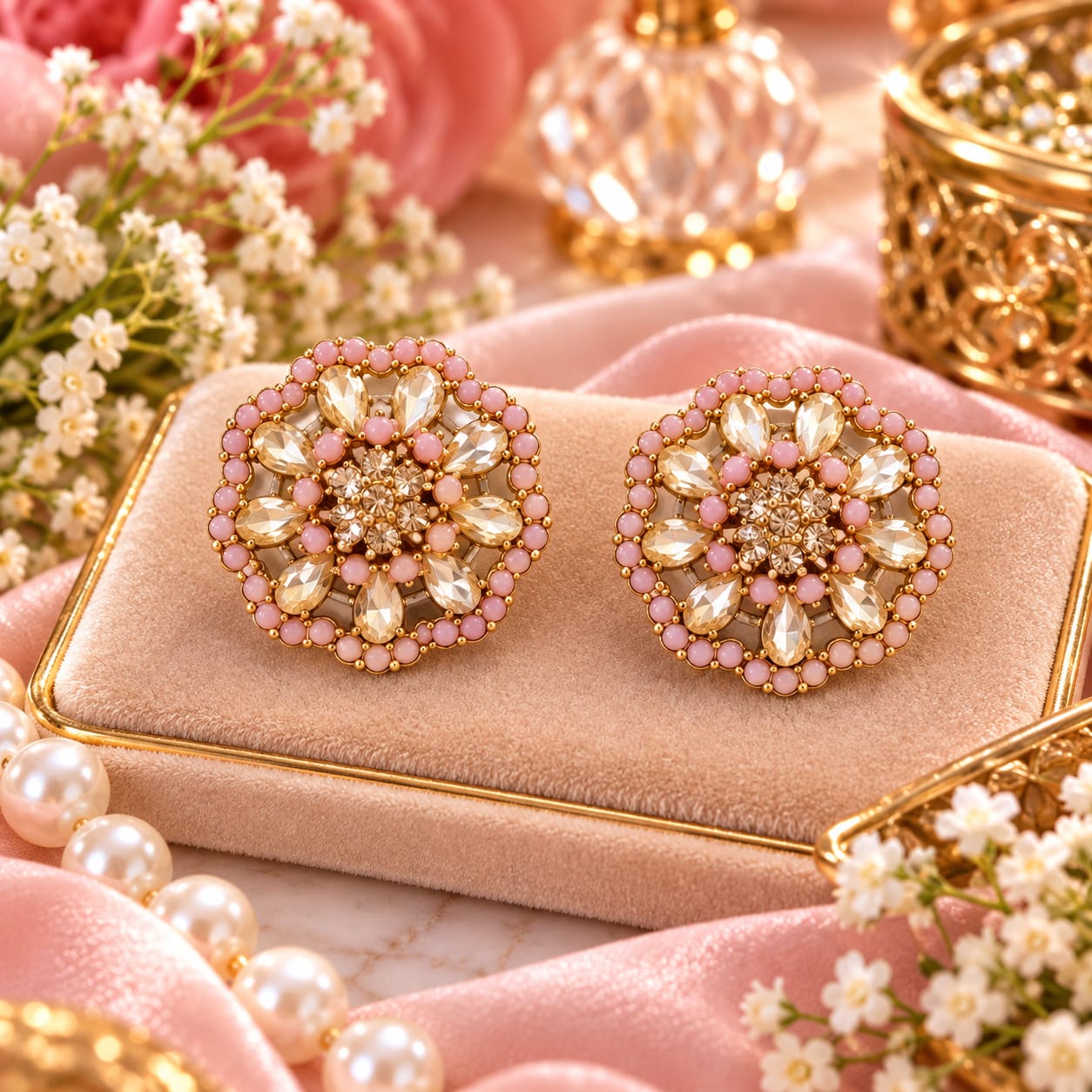 Rose pink floral rosette stud earrings