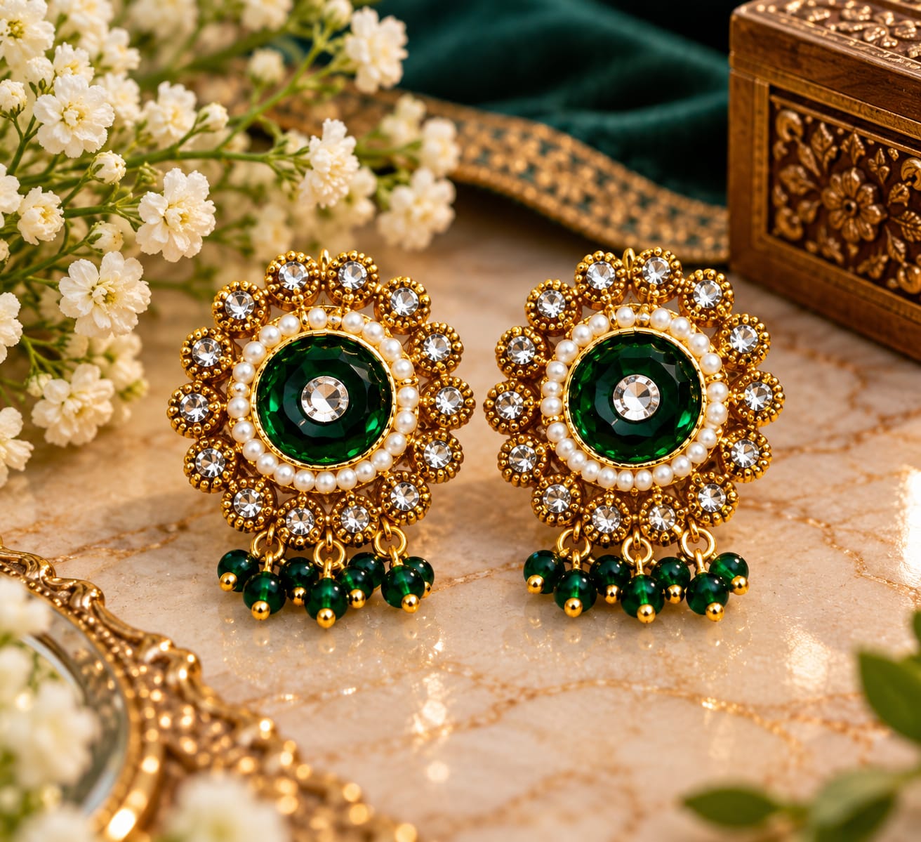 Emerald round pearl drop studs