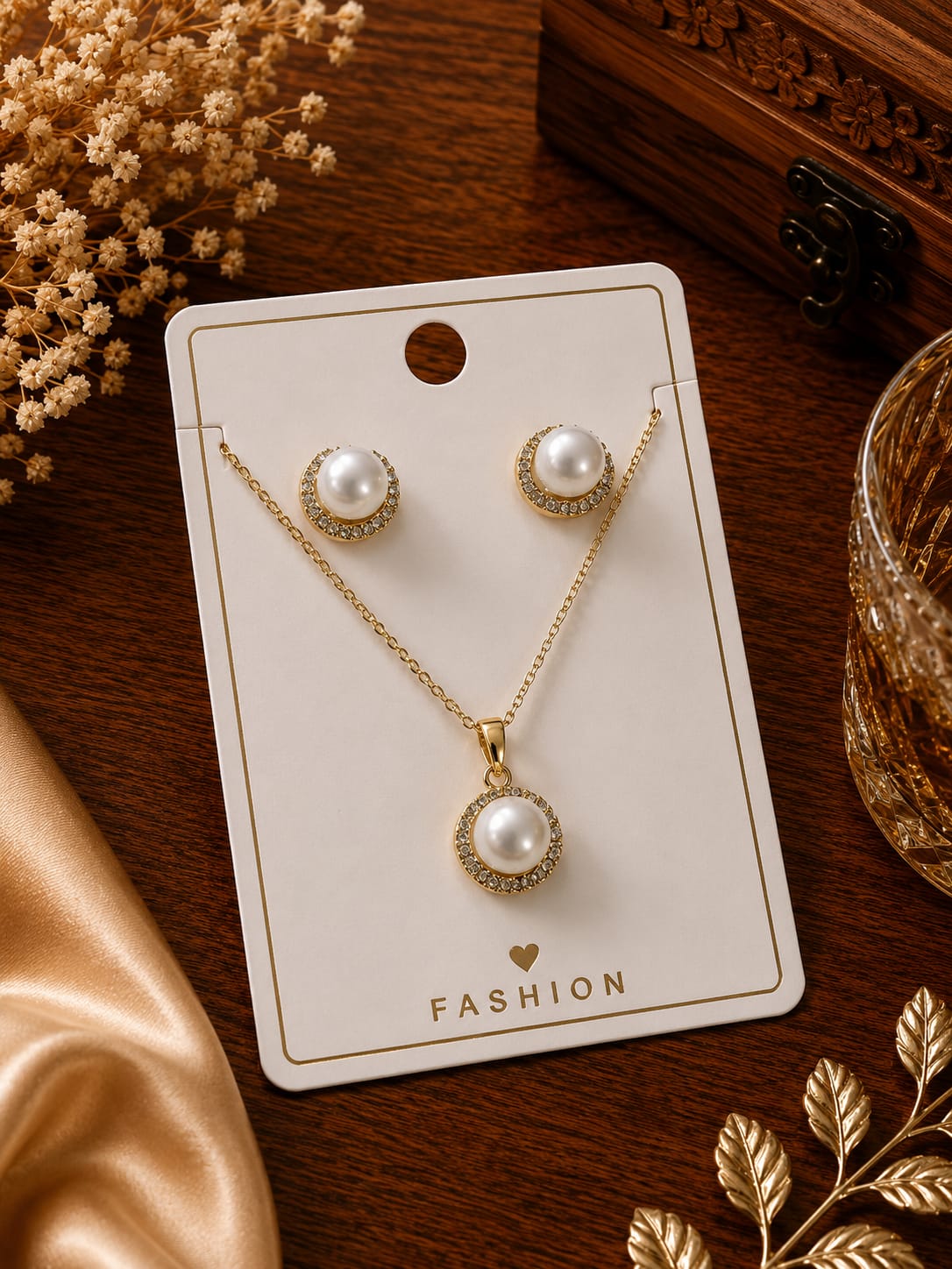 Pearl crescent pendant and studs