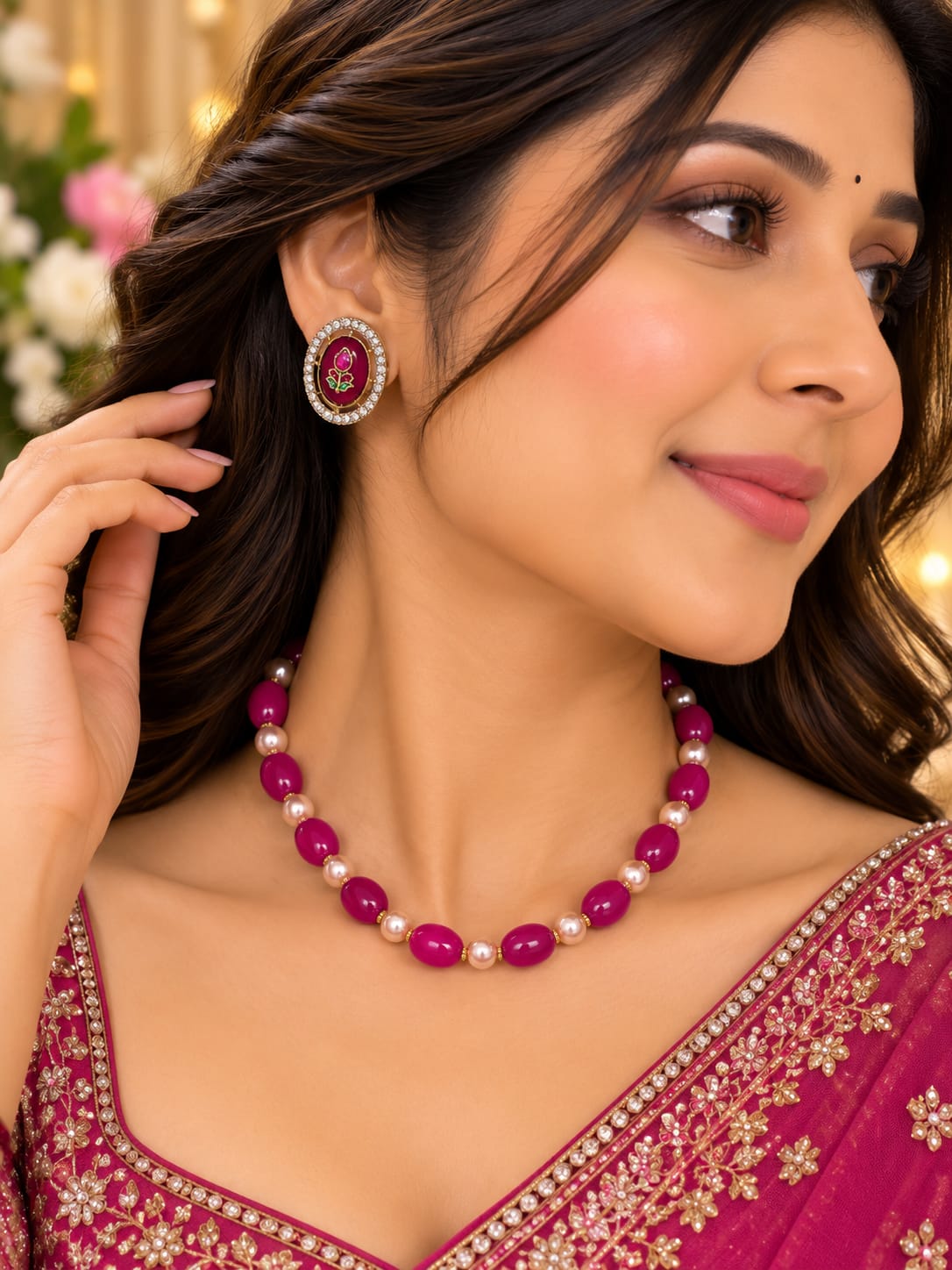 Ruby bead string with stud earrings